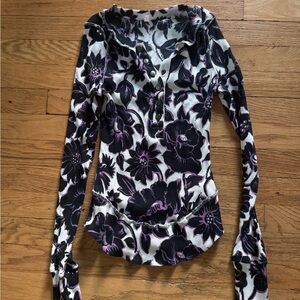 FP Movement thermal Henley with snap buttons.. black and purple florals - Size S
